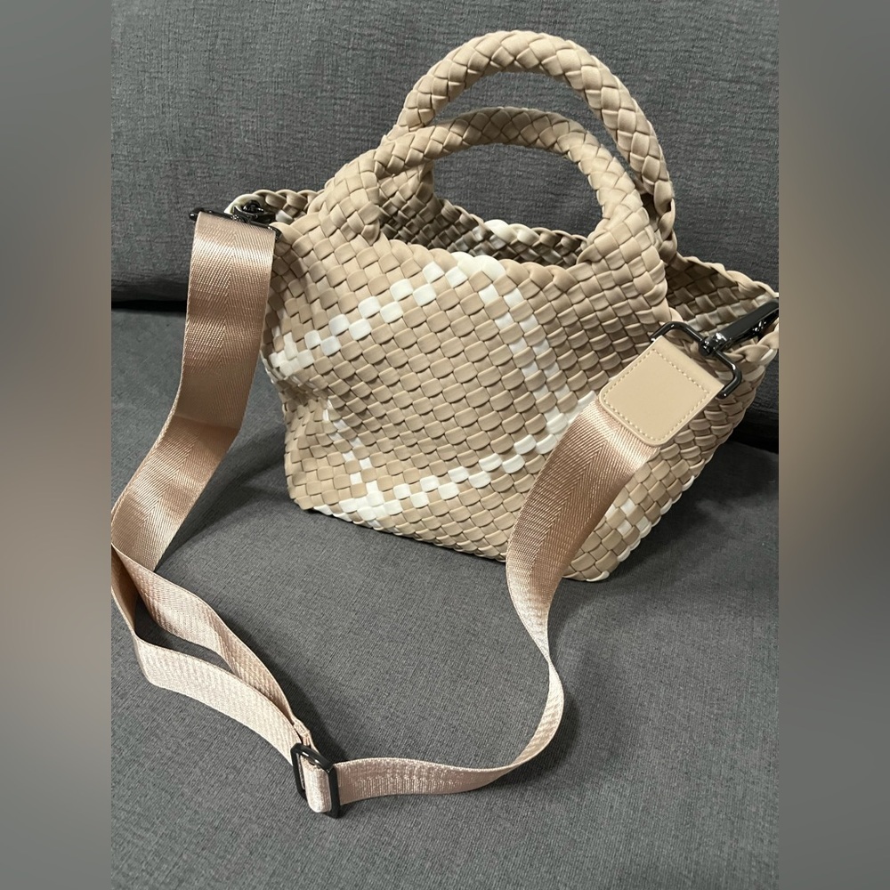 NAGHEDI NYC Elegant Tan Camel 
Women's St Barths Mini Rope Tote w/ White Details - Picture 6 of 8